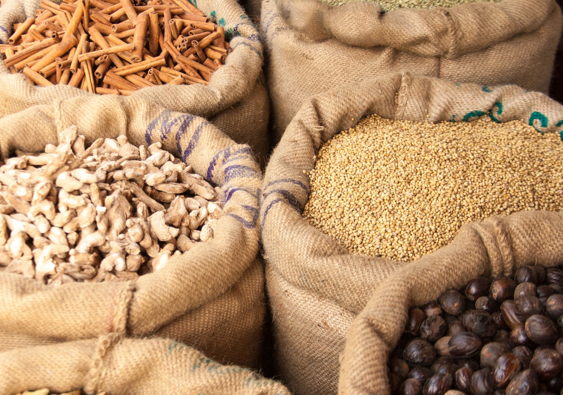 Kerala, India: Burlap Bags Full of Spices (Nutmeg, Ginger, Cinnamon)